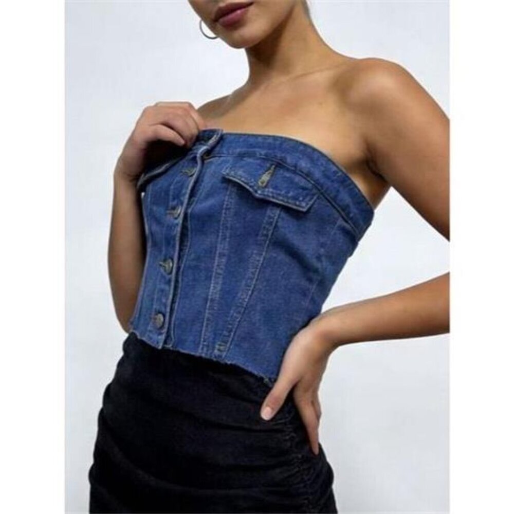 Button Front Denim Tube Top - Picture 2 of 5